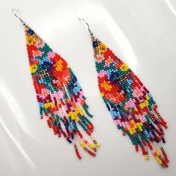 Floral Beaded Multicolor Boho Earrings - Picture 1 of 3